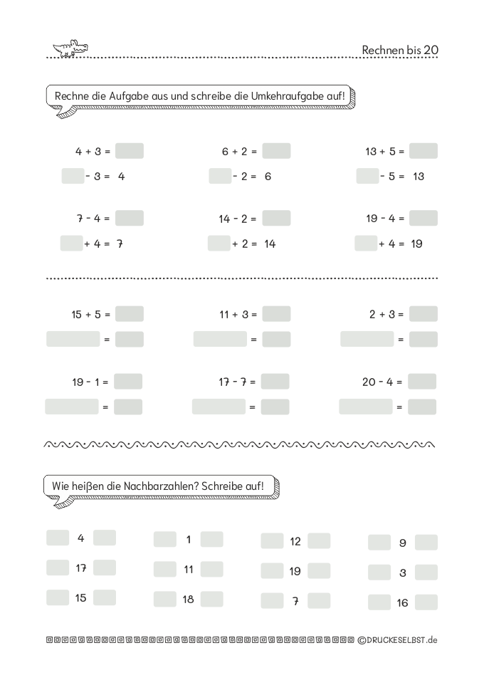 Rechnen bis 20 ohne Zehnerübergang