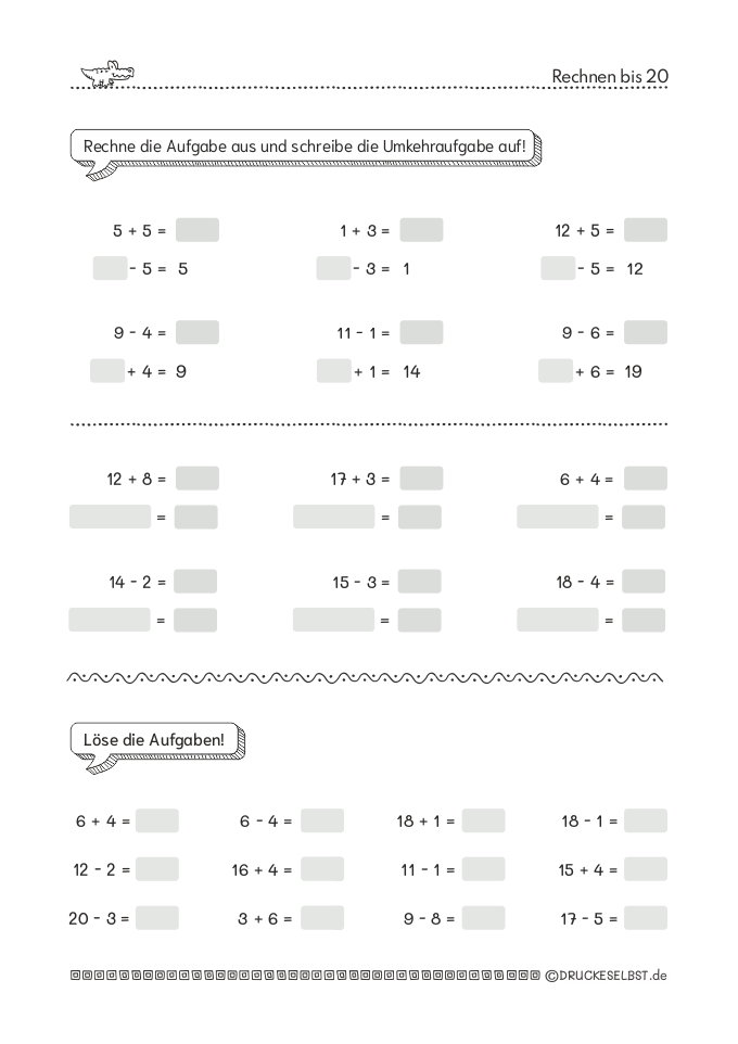 Rechnen bis 20 ohne Zehnerübergang